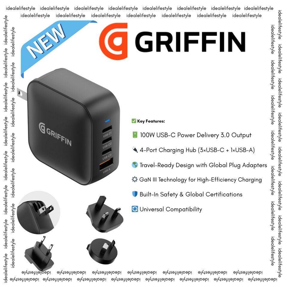 griffin-powerblock-100w-gan-wall-charger-4-port-usb-c-fast-charger-with-global-travel-adapters-compact-efficient-travel-ready-260721044014